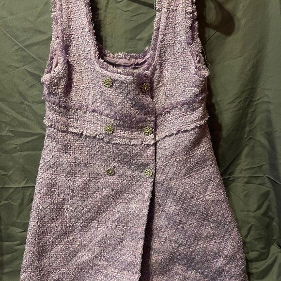 Womens ZARA Lilac Rhinestone Button-Up Front, Sleeveless, Tweed, Mini Dress - Picture 7 of 12